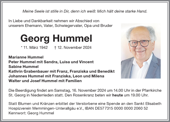 Traueranzeige von Georg Hummel von Memminger Zeitung