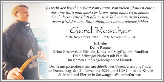 Traueranzeige von Gerd Roscher von Allgäuer Zeitung, Füssen
