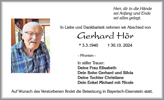 Traueranzeige von Gerhard Hör von Allgäuer Zeitung, Füssen