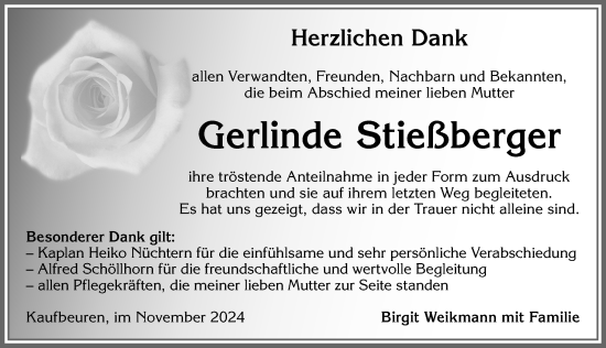 Traueranzeige von Gerlinde Stießberger von Allgäuer Zeitung, Kaufbeuren/Buchloe