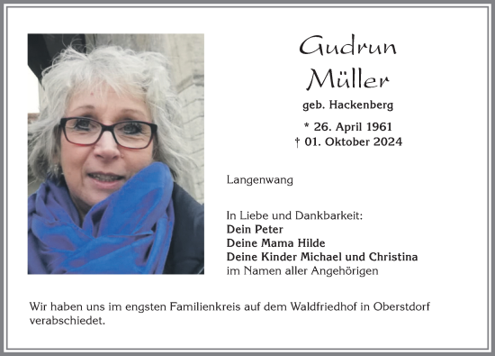 Traueranzeige von Gudrun Müller von Allgäuer Anzeigeblatt