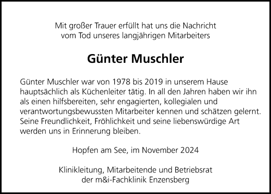 Traueranzeige von Günter Muschler von Allgäuer Zeitung, Füssen