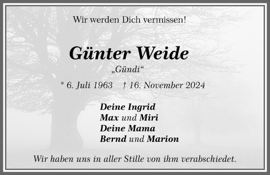 Traueranzeige von Günter Weide von Memminger Zeitung