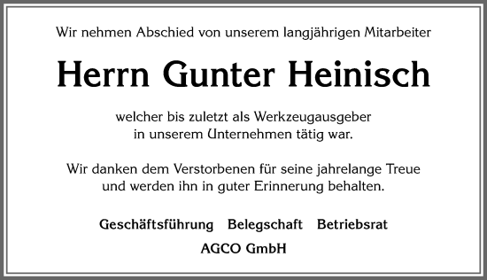 Traueranzeige von Gunter Heinisch von Allgäuer Zeitung, Marktoberdorf