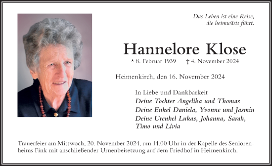 Traueranzeige von Hannelore Klose von Der Westallgäuer