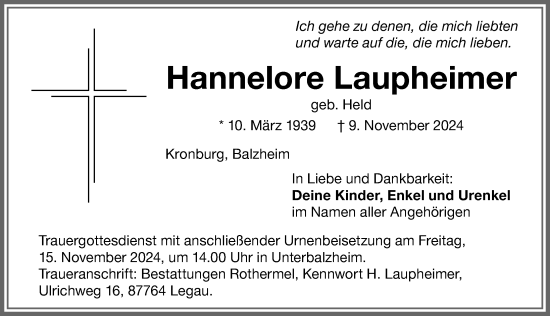 Traueranzeige von Hannelore Laupheimer von Memminger Zeitung