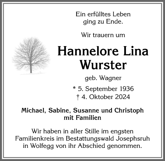 Traueranzeige von Hannelore Lina Wurster von Allgäuer Zeitung,Kempten