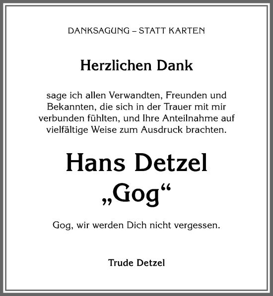 Traueranzeige von Hans Detzel von Allgäuer Zeitung,Kempten