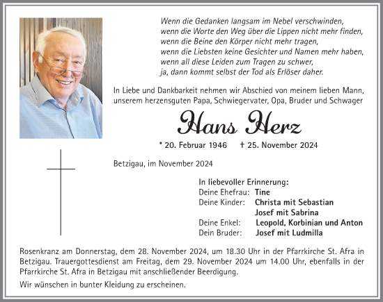 Traueranzeige von Hans Herz von Allgäuer Zeitung,Kempten