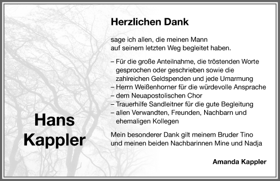 Traueranzeige von Hans Kappler von Memminger Zeitung