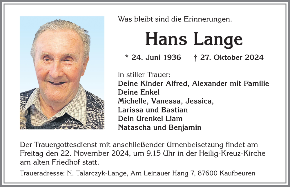  Traueranzeige für Hans Lange vom 16.11.2024 aus Allgäuer Zeitung, Kaufbeuren/Buchloe
