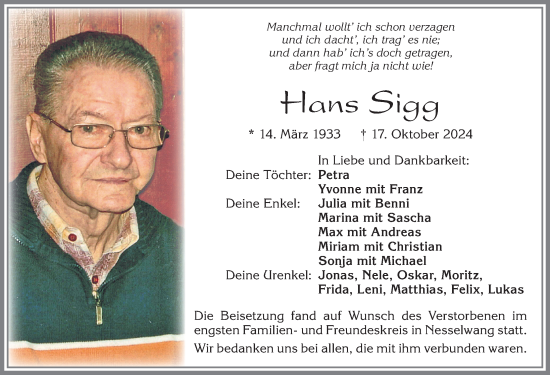 Traueranzeige von Hans Sigg von Allgäuer Zeitung, Füssen