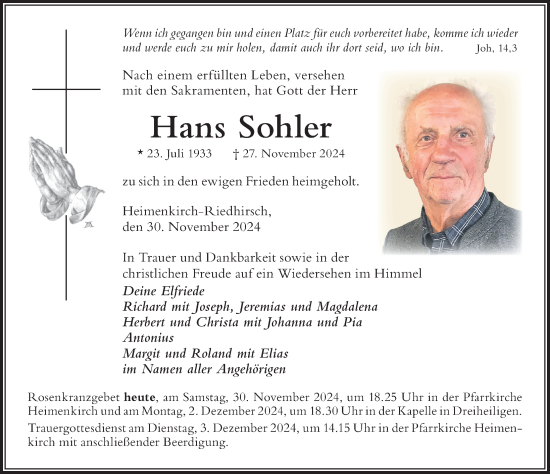 Traueranzeige von Hans Sohler von Der Westallgäuer