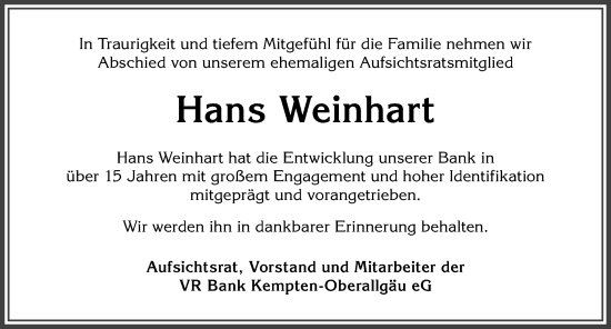 Traueranzeige von Hans Weinhart von Allgäuer Zeitung,Kempten