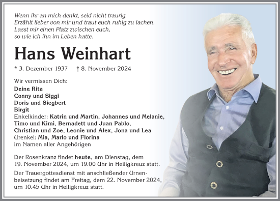 Traueranzeige von Hans Weinhart von Allgäuer Zeitung,Kempten