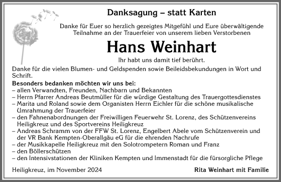 Traueranzeige von Hans Weinhart von Allgäuer Zeitung,Kempten