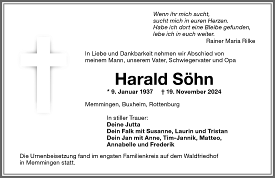 Traueranzeige von Harald Söhn von Memminger Zeitung