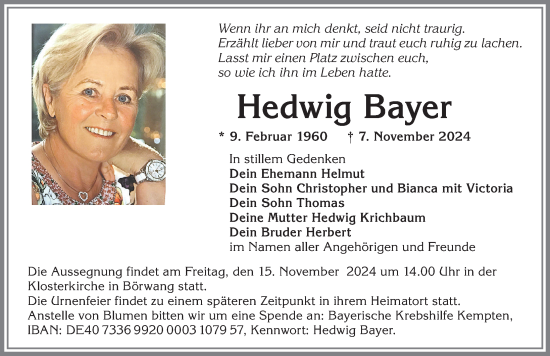 Traueranzeige von Hedwig Bayer von Allgäuer Zeitung, Gesamtausgabe