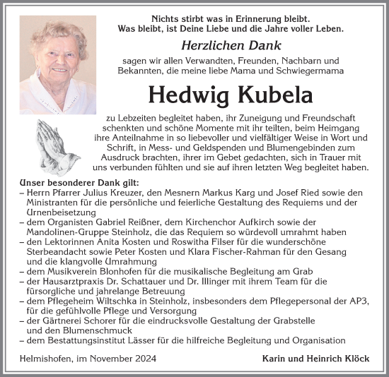Traueranzeige von Hedwig Kubela von Allgäuer Zeitung, Kaufbeuren/Buchloe