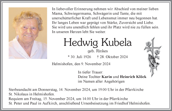 Traueranzeige von Hedwig Kubela von Allgäuer Zeitung, Kaufbeuren/Buchloe