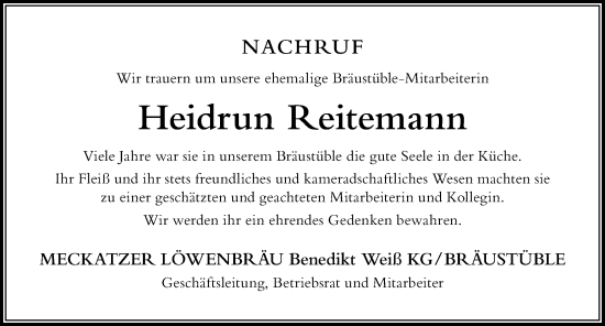 Traueranzeige von Heidrun Reitemann von Der Westallgäuer