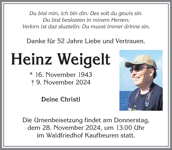 Traueranzeige von Heinz Weigelt von Allgäuer Zeitung, Kaufbeuren/Buchloe