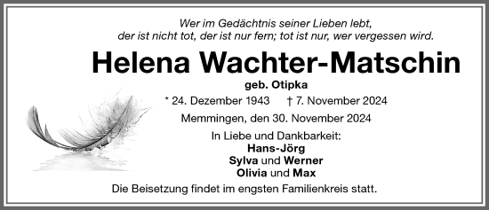 Traueranzeige von Helena Wachter-Matschin von Memminger Zeitung