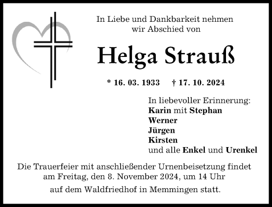Traueranzeige von Helga Strauß von Memminger Zeitung