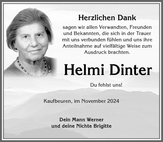 Traueranzeige von Helmi Dinter von Allgäuer Zeitung, Kaufbeuren/Buchloe