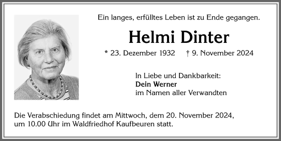 Traueranzeige von Helmi Dinter von Allgäuer Zeitung, Kaufbeuren/Buchloe