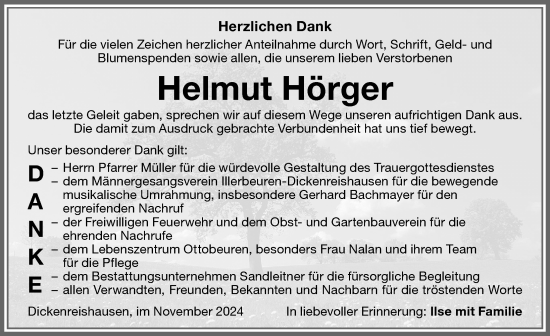 Traueranzeige von Helmut Hörger von Memminger Zeitung