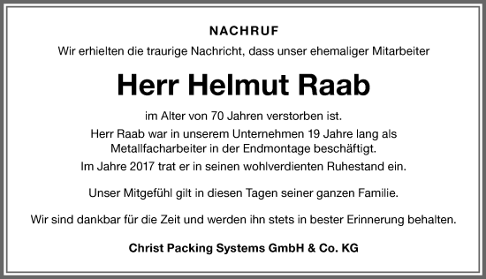 Traueranzeige von Helmut Raab von Memminger Zeitung