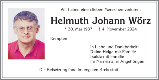 Traueranzeige von Helmuth Johann Wörz von Allgäuer Zeitung,Kempten