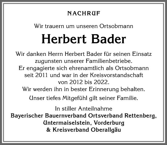 Traueranzeige von Herbert Bader von Allgäuer Anzeigeblatt