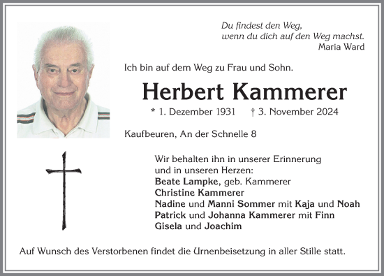 Traueranzeige von Herbert Kammerer von Allgäuer Zeitung, Kaufbeuren/Buchloe
