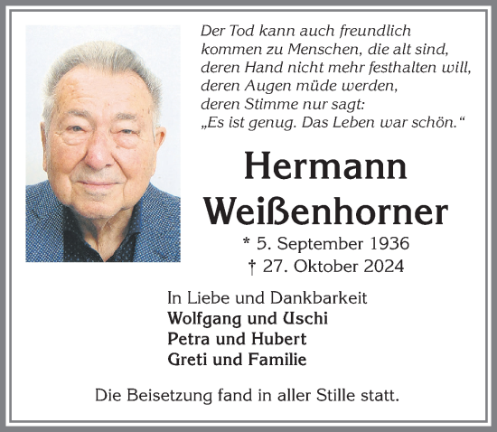 Traueranzeige von Hermann Weißenhorner von Allgäuer Zeitung,Kempten