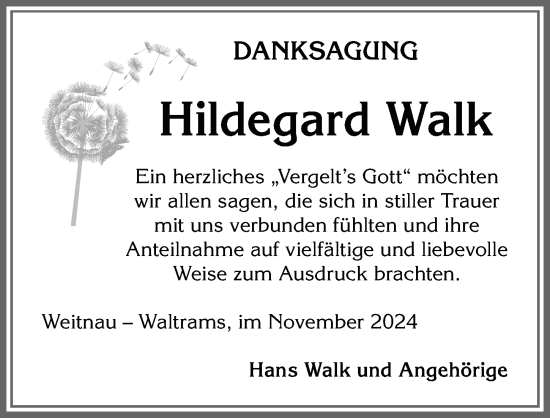 Traueranzeige von Hildegard Walk von Allgäuer Zeitung,Kempten