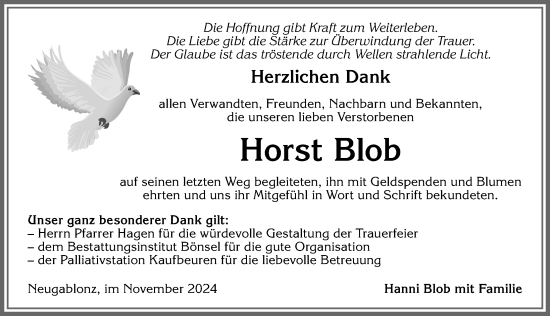 Traueranzeige von Horst Blob von Allgäuer Zeitung, Kaufbeuren/Buchloe