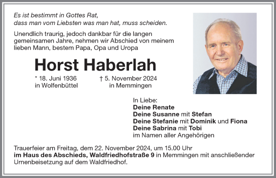 Traueranzeige von Horst Haberlah von Memminger Zeitung