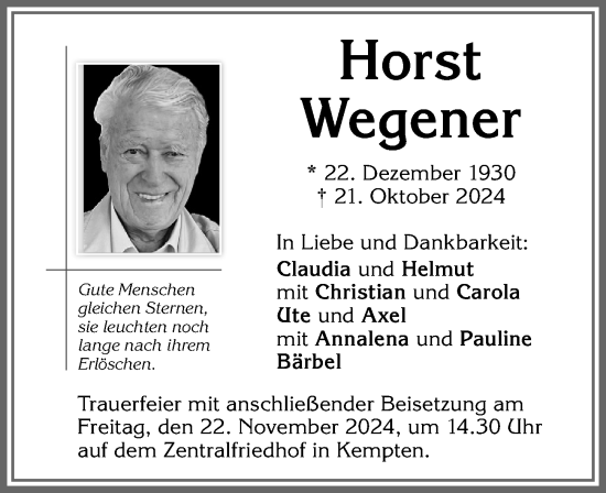 Traueranzeige von Horst Wegener von Allgäuer Zeitung,Kempten