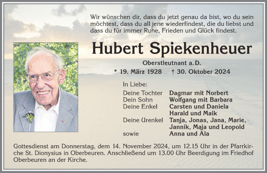 Traueranzeige von Hubert Spiekenheuer von Allgäuer Zeitung, Kaufbeuren/Buchloe