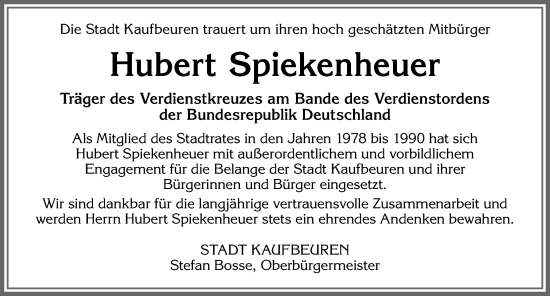 Traueranzeige von Hubert Spiekenheuer von Allgäuer Zeitung, Kaufbeuren/Buchloe