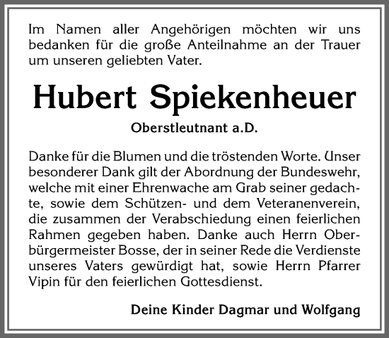 Traueranzeige von Hubert Spiekenheuer von Allgäuer Zeitung, Kaufbeuren/Buchloe