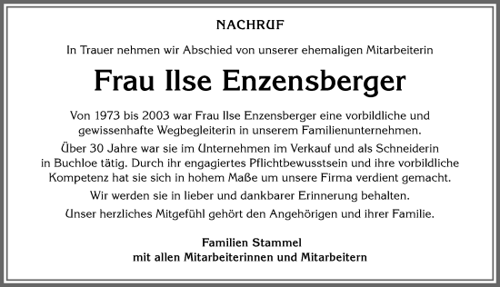 Traueranzeige von Ilse Enzensberger von Allgäuer Zeitung, Kaufbeuren/Buchloe