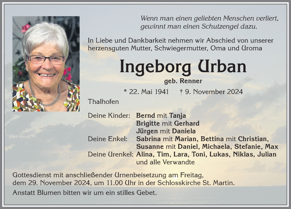  Traueranzeige für Ingeborg Urban vom 23.11.2024 aus Allgäuer Zeitung, Marktoberdorf