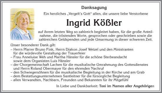 Traueranzeige von Ingrid Kößler von Memminger Zeitung