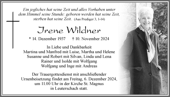 Traueranzeige von Irene Wildner von Allgäuer Zeitung, Marktoberdorf