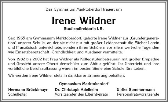 Traueranzeige von Irene Wildner von Allgäuer Zeitung, Marktoberdorf
