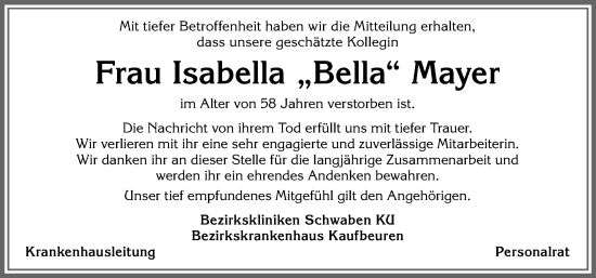 Traueranzeige von Isabella Mayer von Allgäuer Zeitung,Kempten