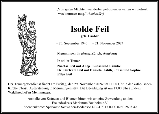 Traueranzeige von Isolde Feil von Memminger Zeitung